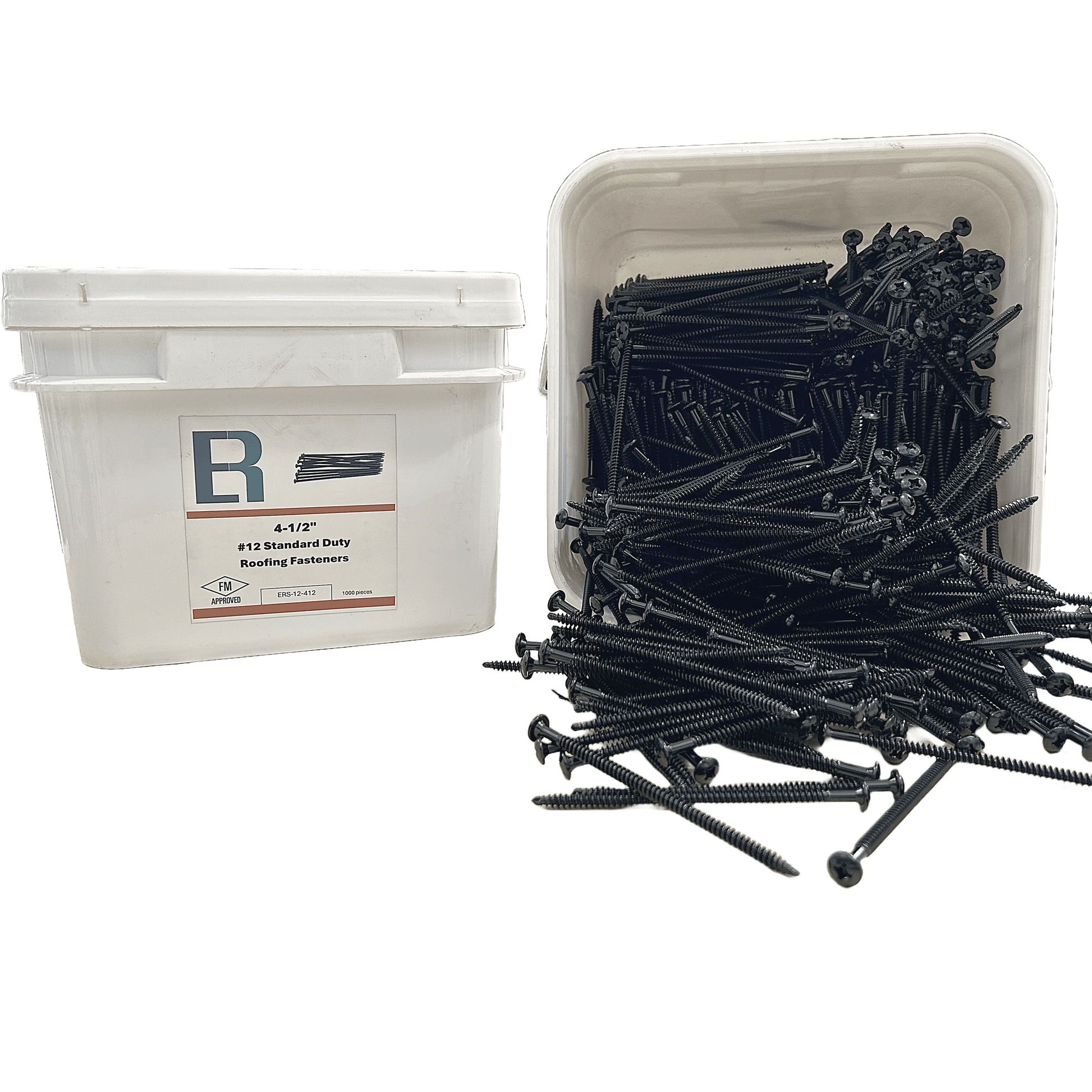 Essential #12 All-Purpose Roofing Fasteners in a container, FM Approved, ideal for secure roof installations.