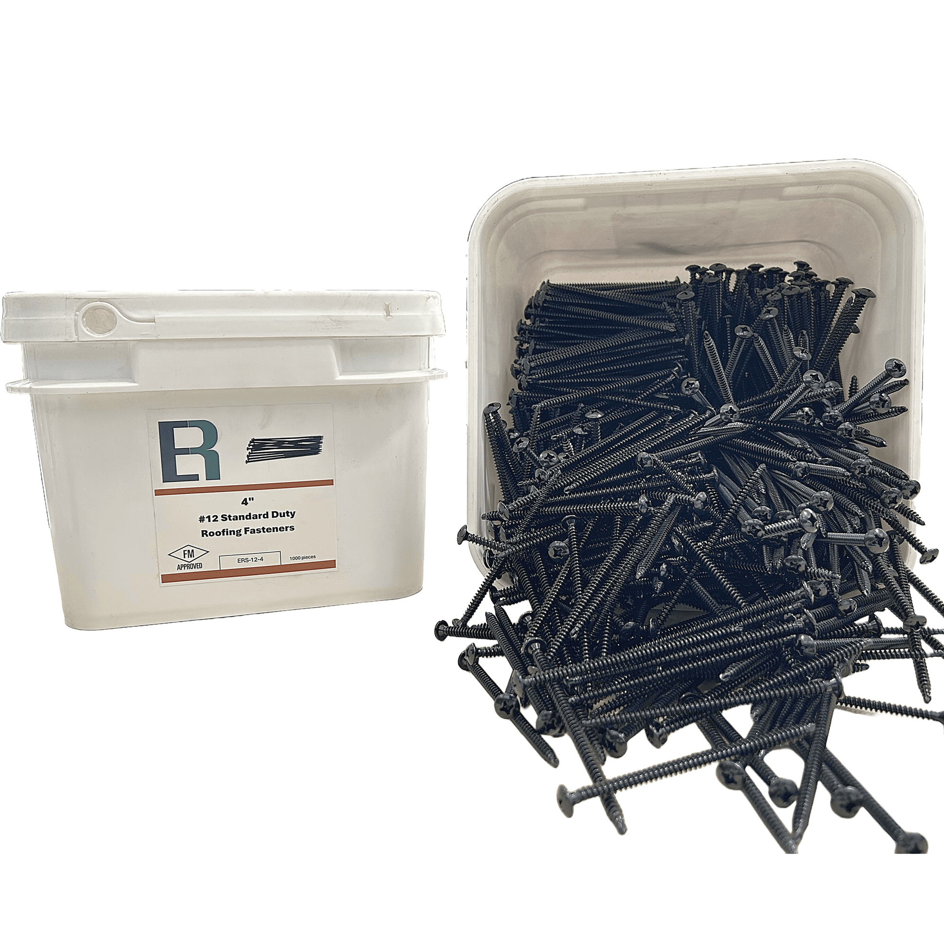 Open container of Essential #12 All-Purpose Roofing Fasteners with FM approval, showcasing durable construction and efficiency for roofing needs.