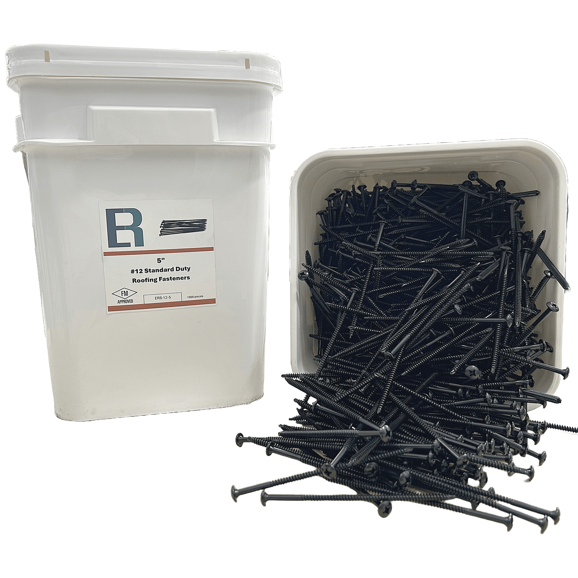 Essential #12 All-Purpose Roofing Fasteners in a bucket, FM Approved for durable and reliable roofing applications.