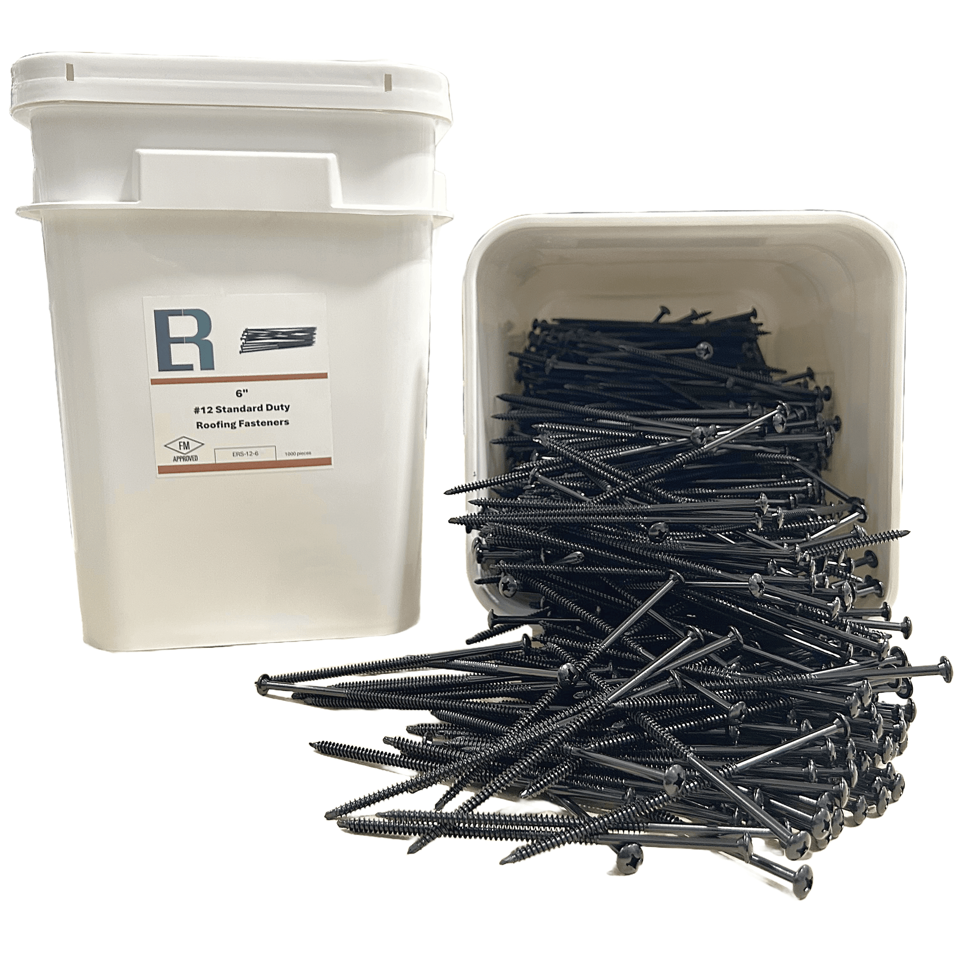 Essential #12 All-Purpose Roofing Fasteners in a white container, FM Approved for durability and strength in roofing applications.