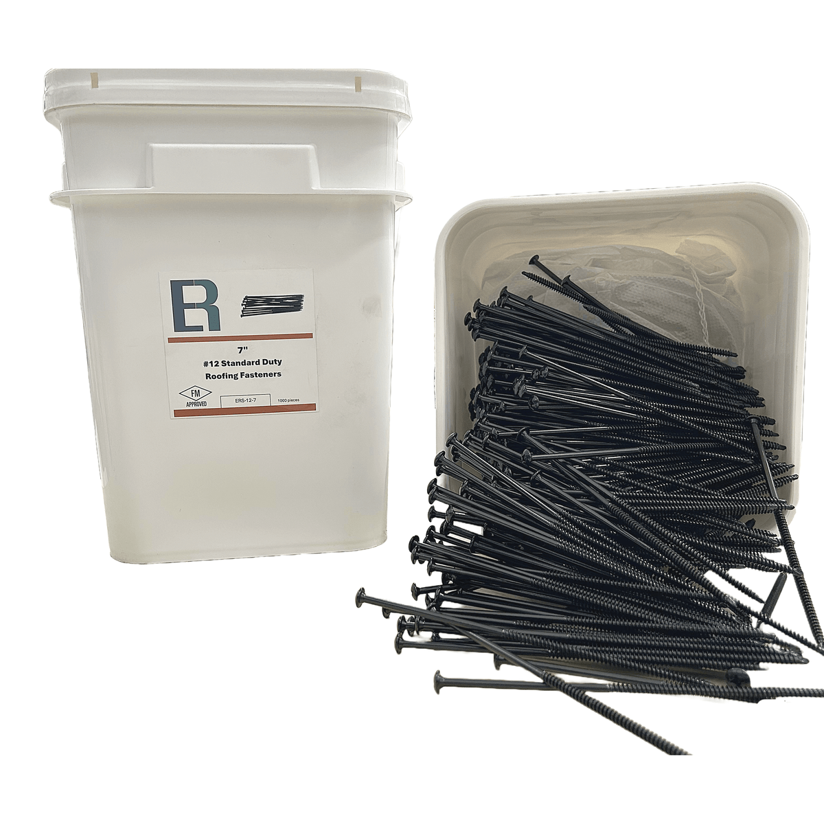 Container of Essential #12 All-Purpose Roofing Fasteners with screws spilling out, FM Approved for versatile roofing projects.