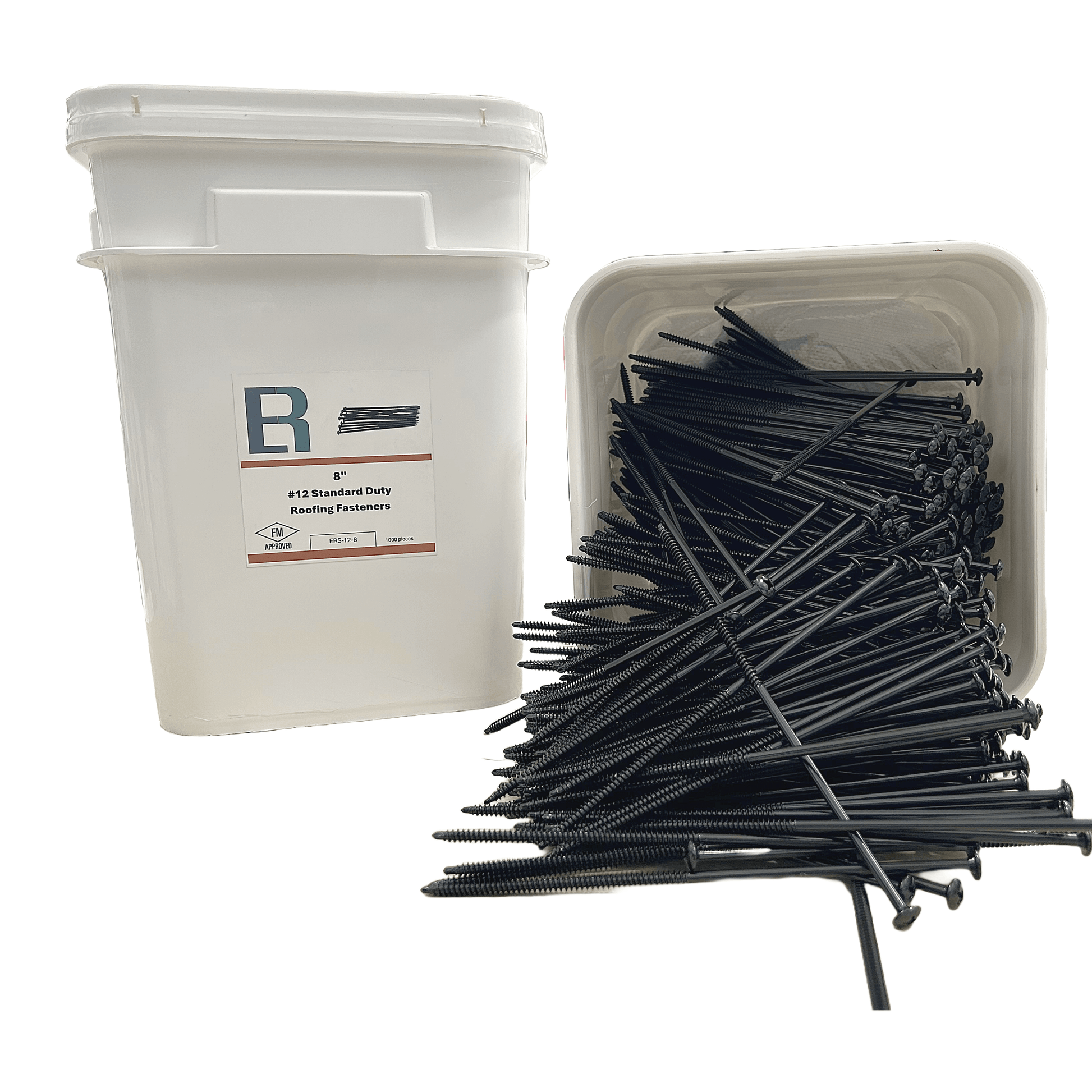 Essential #12 All-Purpose Roofing Fasteners next to container, FM Approved fastening solution for roofing needs.