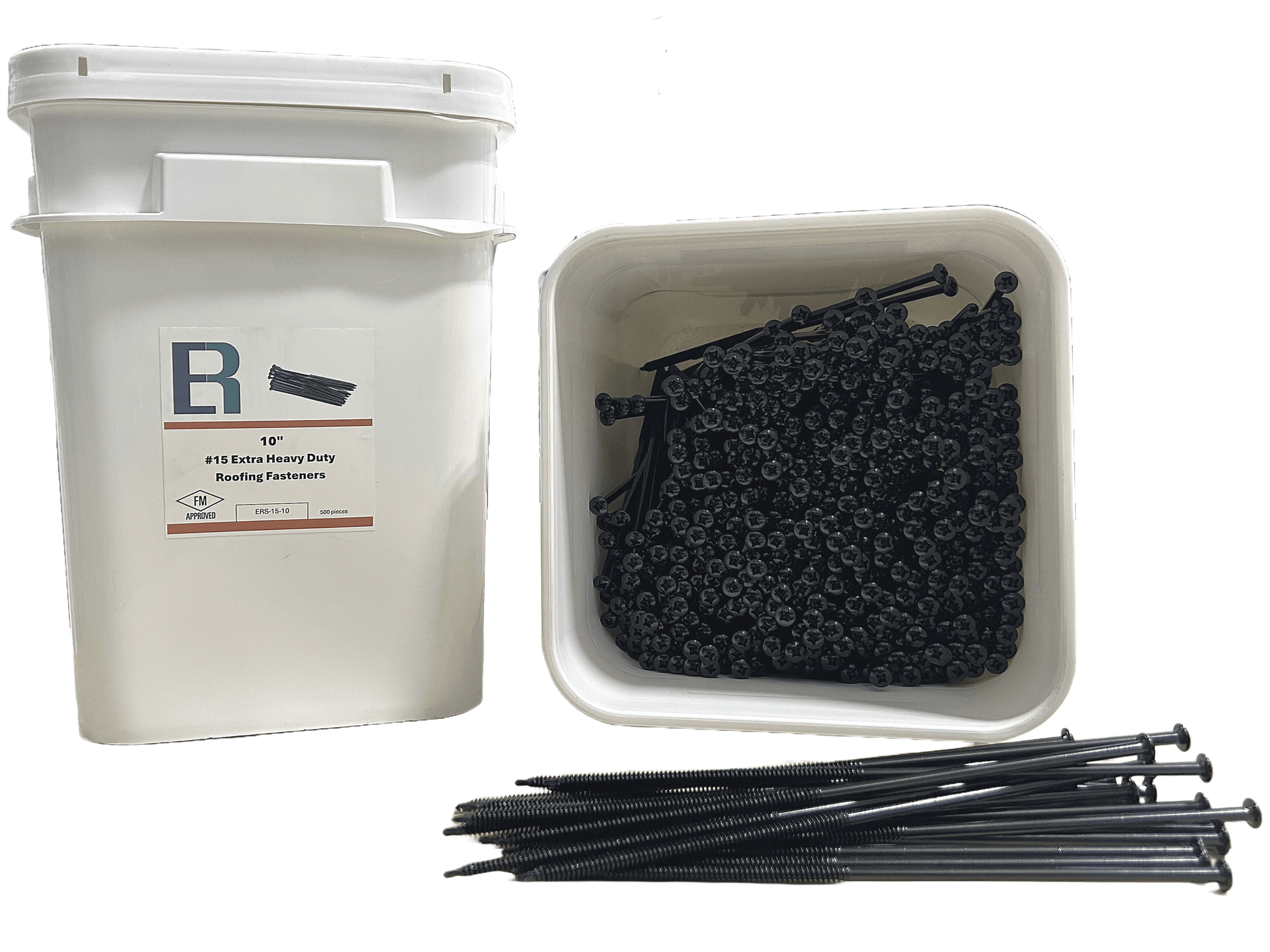 FM Approved #15 Extra Heavy Duty Roofing Fasteners in bucket with loose fasteners displayed.