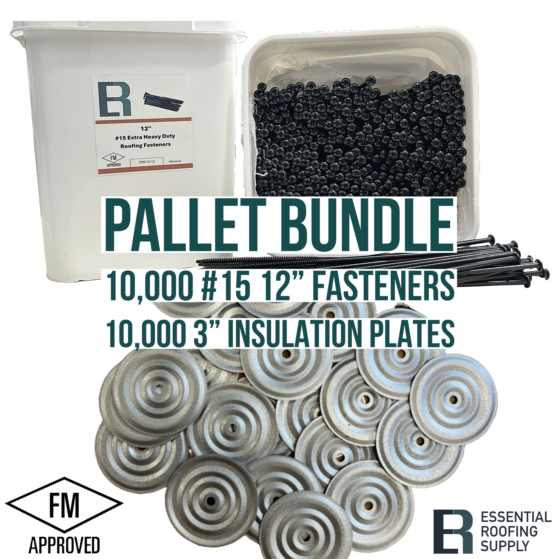 Pallet bundle with 10,000 #15 12" extra heavy-duty fasteners and 10,000 3" insulation plates, FM Approved, Essential Roofing Supply.