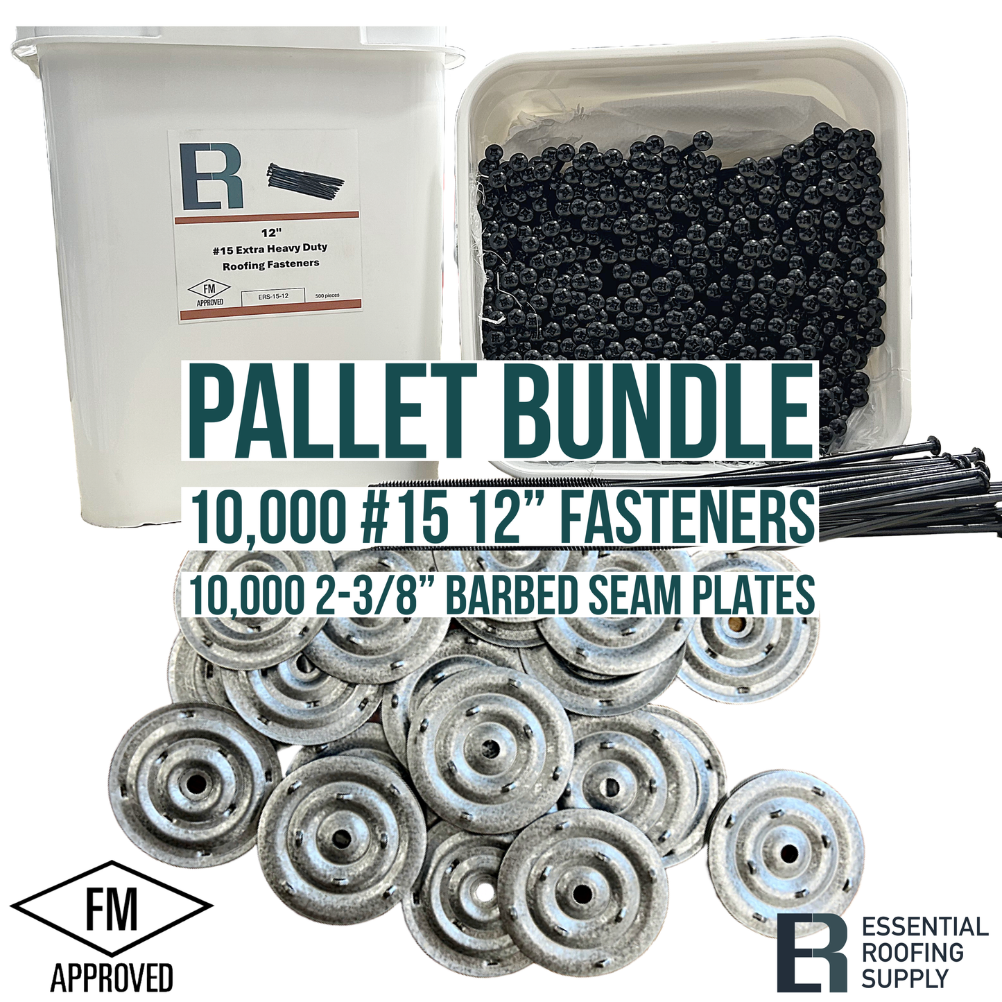 Pallet bundle of 10,000 #15 12" screws and 10,000 2-3/8" barbed seam plates, FM approved, roofing essentials.