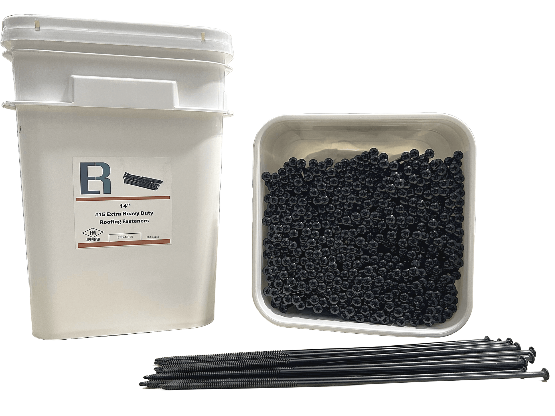 Extra Heavy Duty Roofing Fasteners in container with product box and individual fasteners displayed.