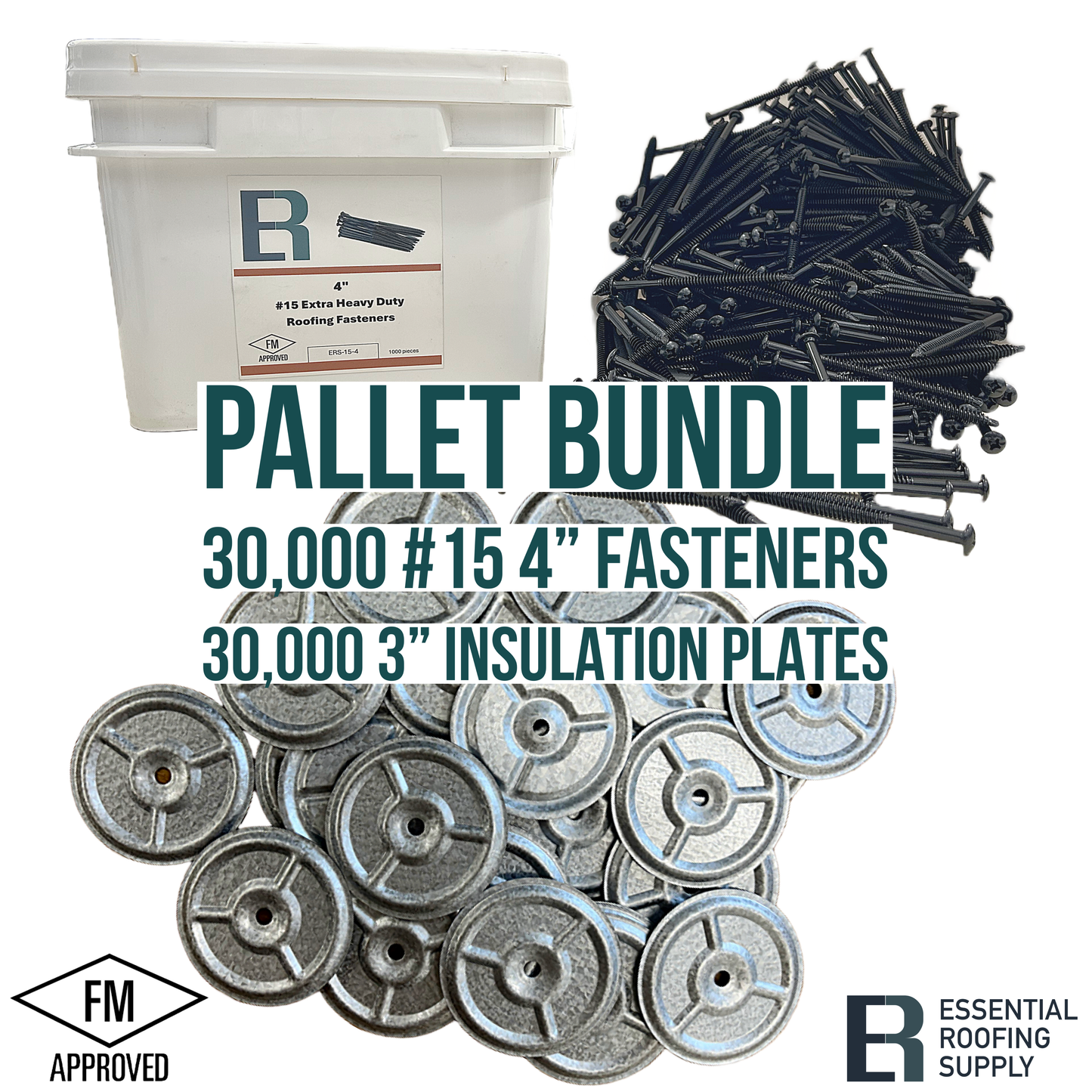 Pallet bundle with 30,000 #15 4-inch screws and 30,000 3-inch insulation plates, FM approved, roofing supply essentials.