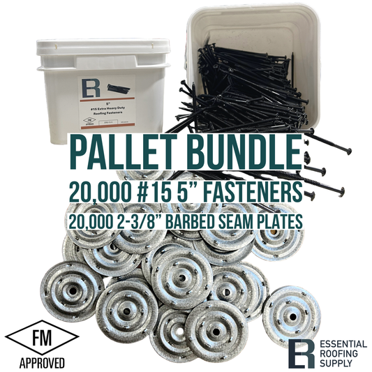 Pallet bundle of 20,000 #15 5" fasteners and 20,000 2-3/8" barbed seam plates, FM approved by Essential Roofing Supply.