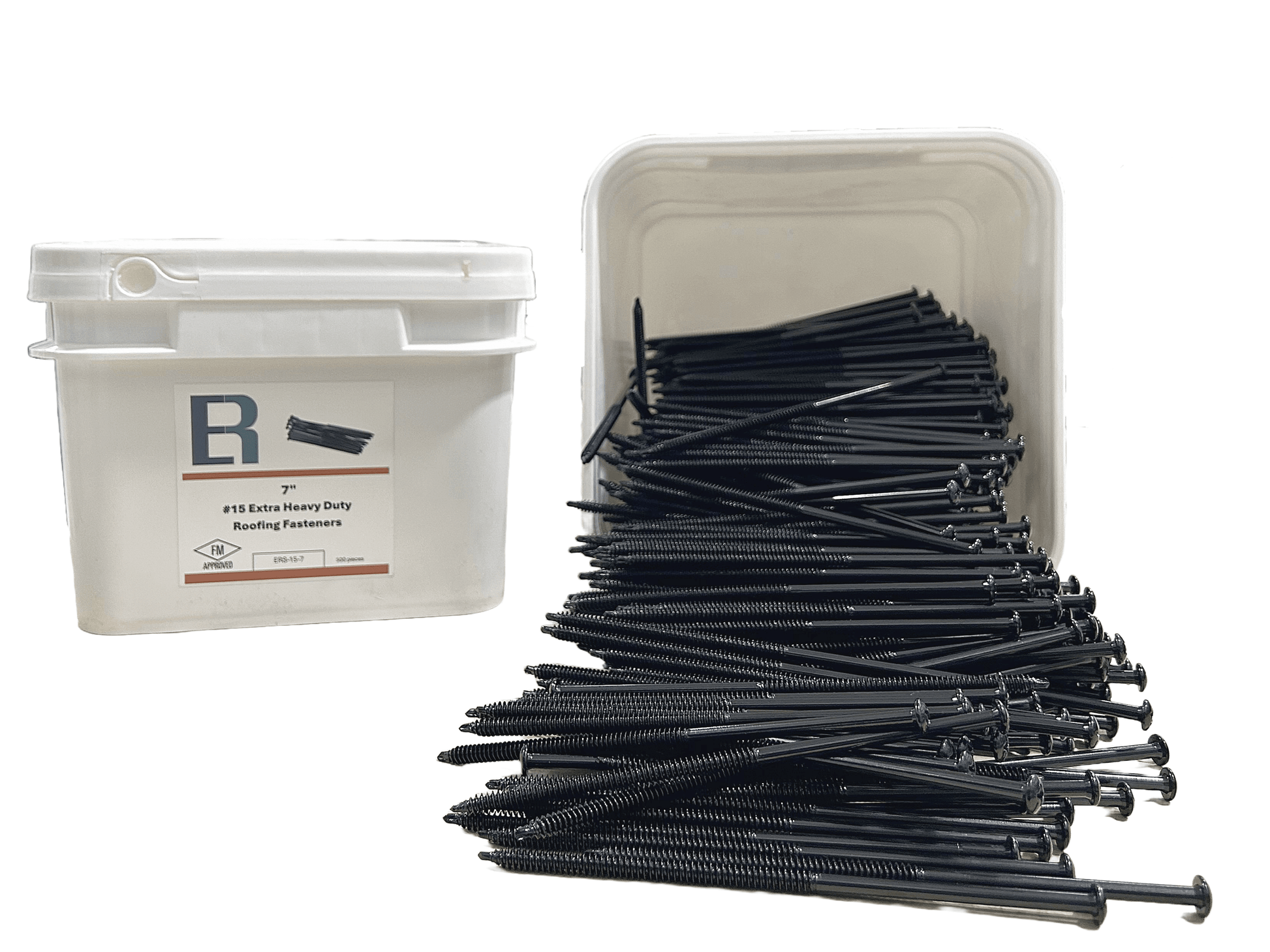 FM Approved #15 Extra Heavy Duty Roofing Fasteners with Container Displayed.