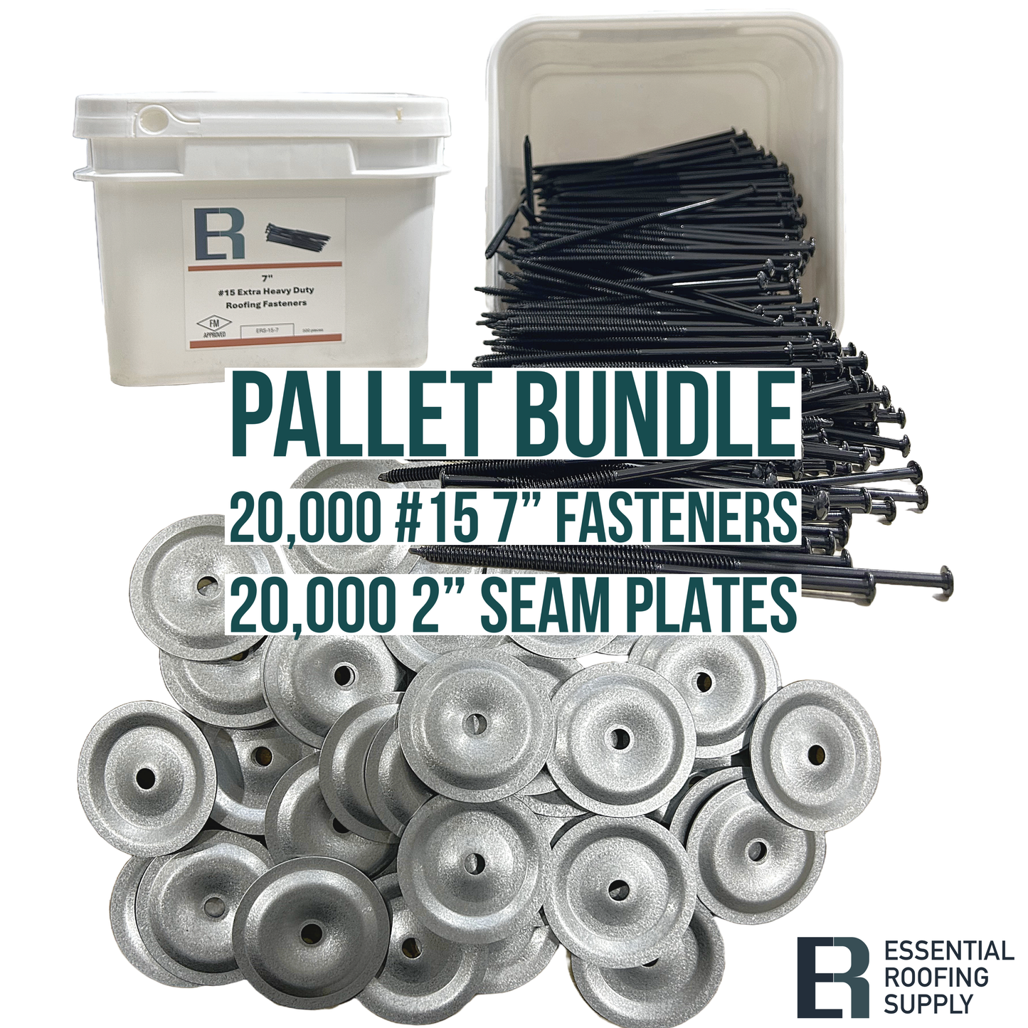 Pallet bundle with 20,000 7" #15 heavy-duty fasteners and 20,000 2" seam plates for roofing, corrosion-tested.