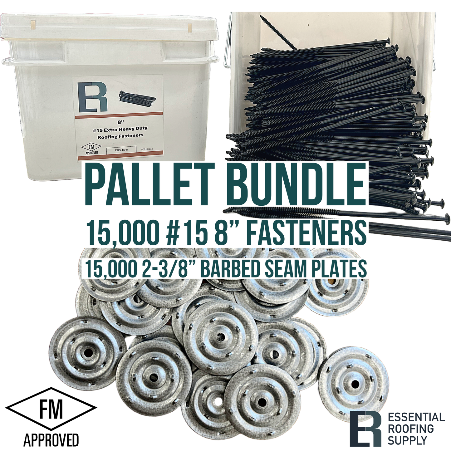 Pallet bundle of 15,000 #15 8" screws and 15,000 2-3/8" barbed seam plates, FM approved for heavy duty roofing.