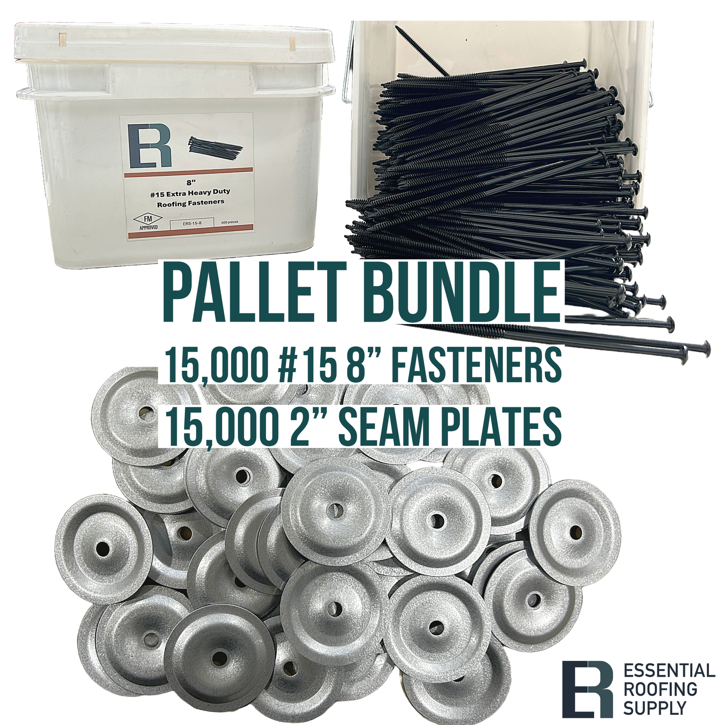 Pallet bundle with 15,000 8" #15 fasteners and 15,000 2" seam plates for roofing, meets FM4470 corrosion test standards.