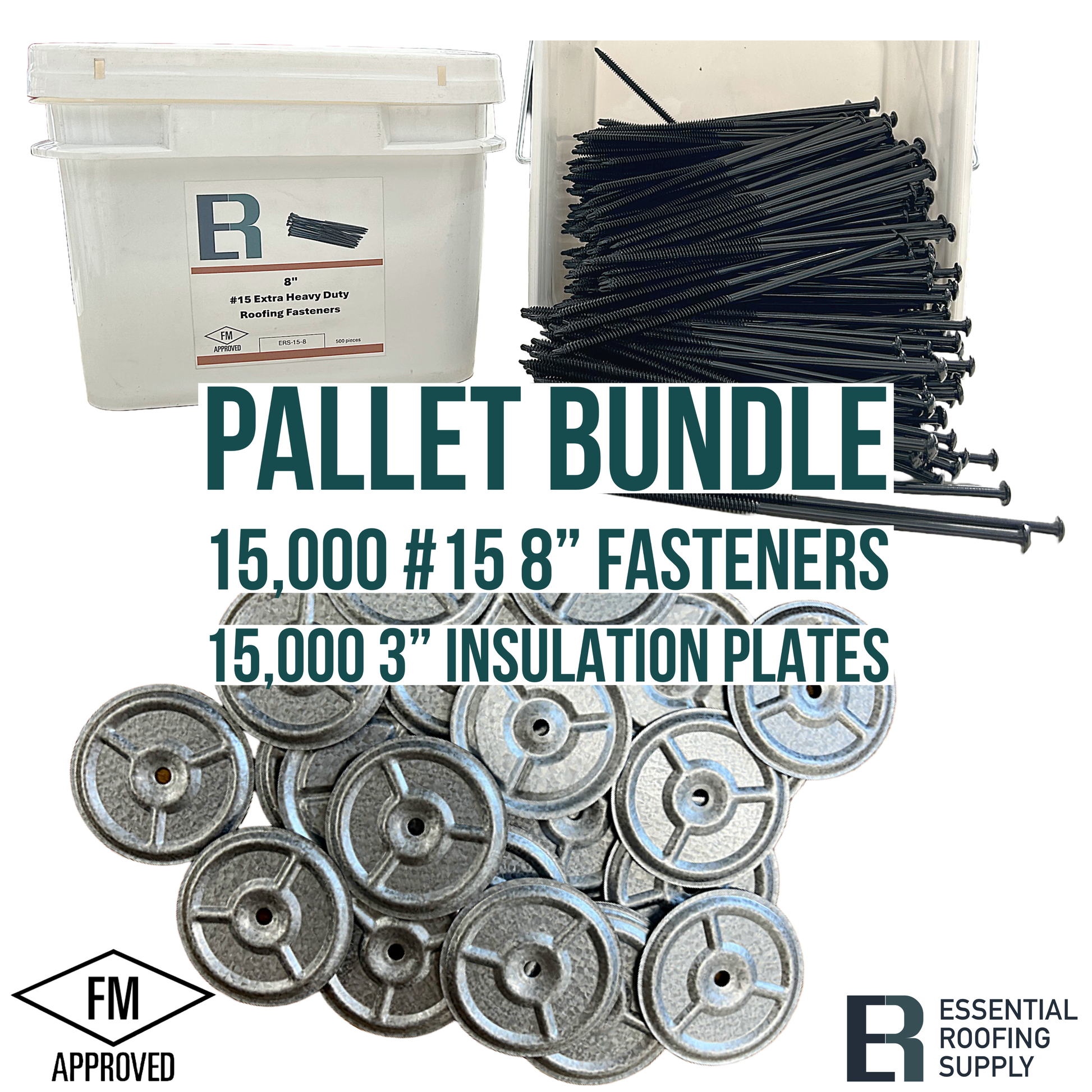 Pallet bundle of 15,000 FM Approved #15 8" screws and 15,000 3" insulation plates for roofing, essential roofing supply.