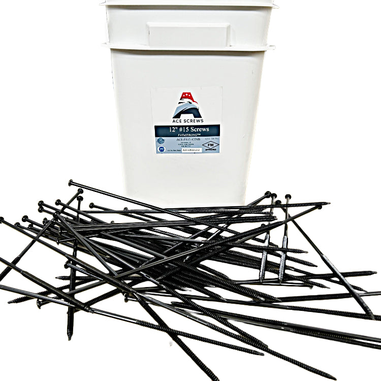 Ace Screws #15 FATnSTRONG fasteners with FM approval for heavy duty roofing, shown with a container and scattered screws.