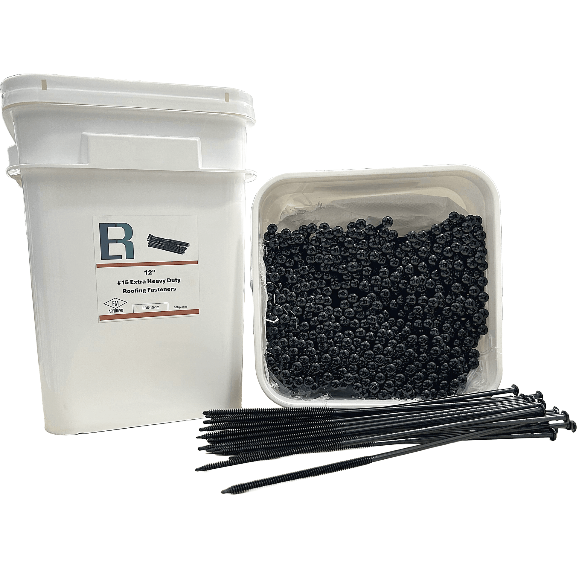 FM Approved #15 Extra Heavy Duty Roofing Fasteners in bucket with loose fasteners displayed.