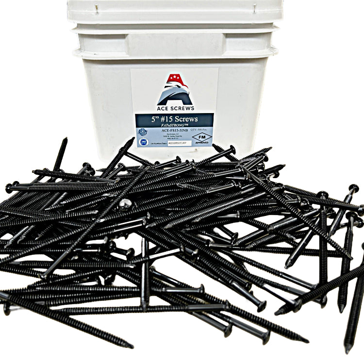 Ace Screws #15 FATnSTRONG Extra Heavy Duty Roofing Fasteners in front of branded container.