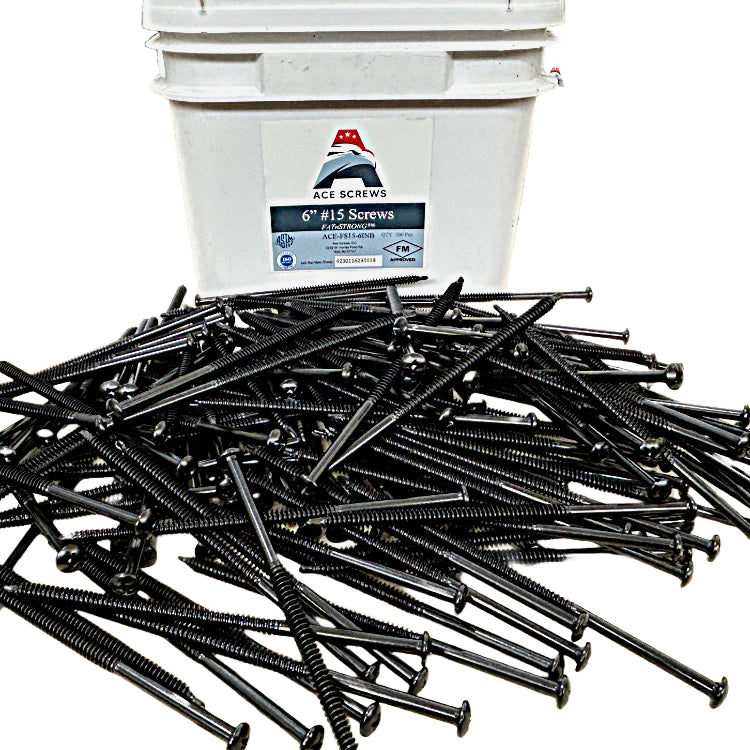 Ace Screws #15 FATnSTRONG Extra Heavy Duty Roofing Fasteners in front of a white bucket labeled Ace Screws 6" #15 Screws.