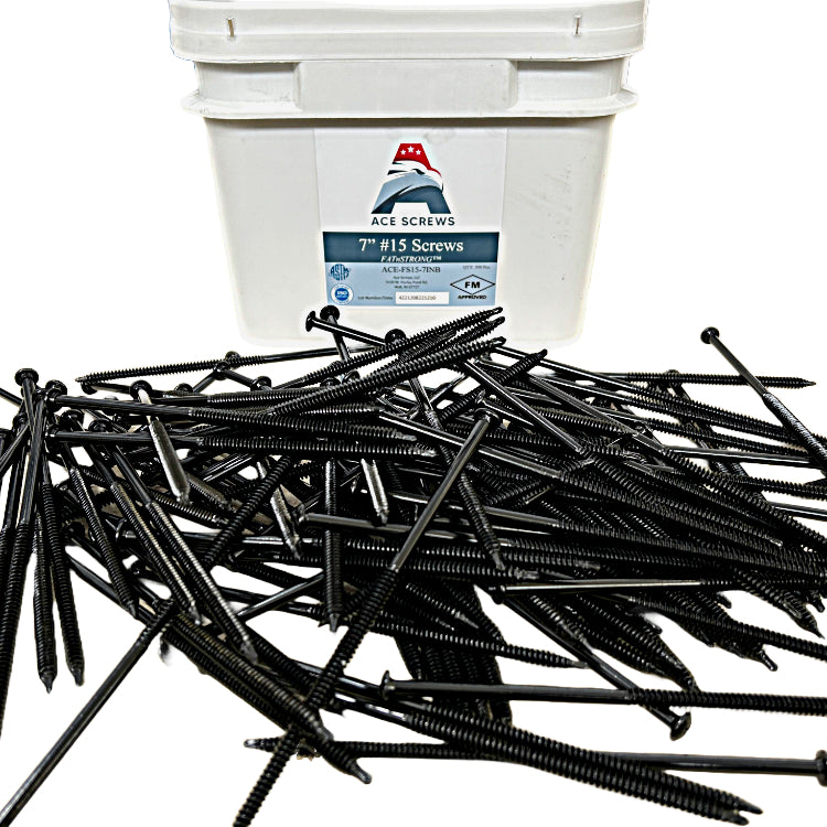 Ace Screws FATnSTRONG #15 extra heavy duty roofing fasteners in front of a labeled container for superior performance.