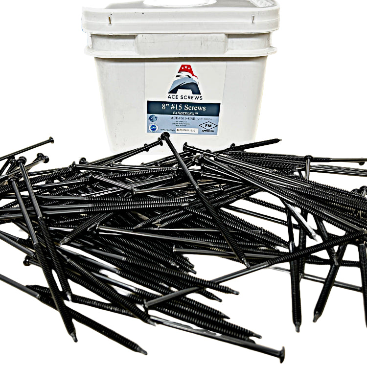 Extra heavy duty #15 FATnSTRONG roofing fasteners with Ace Screws container for superior performance.