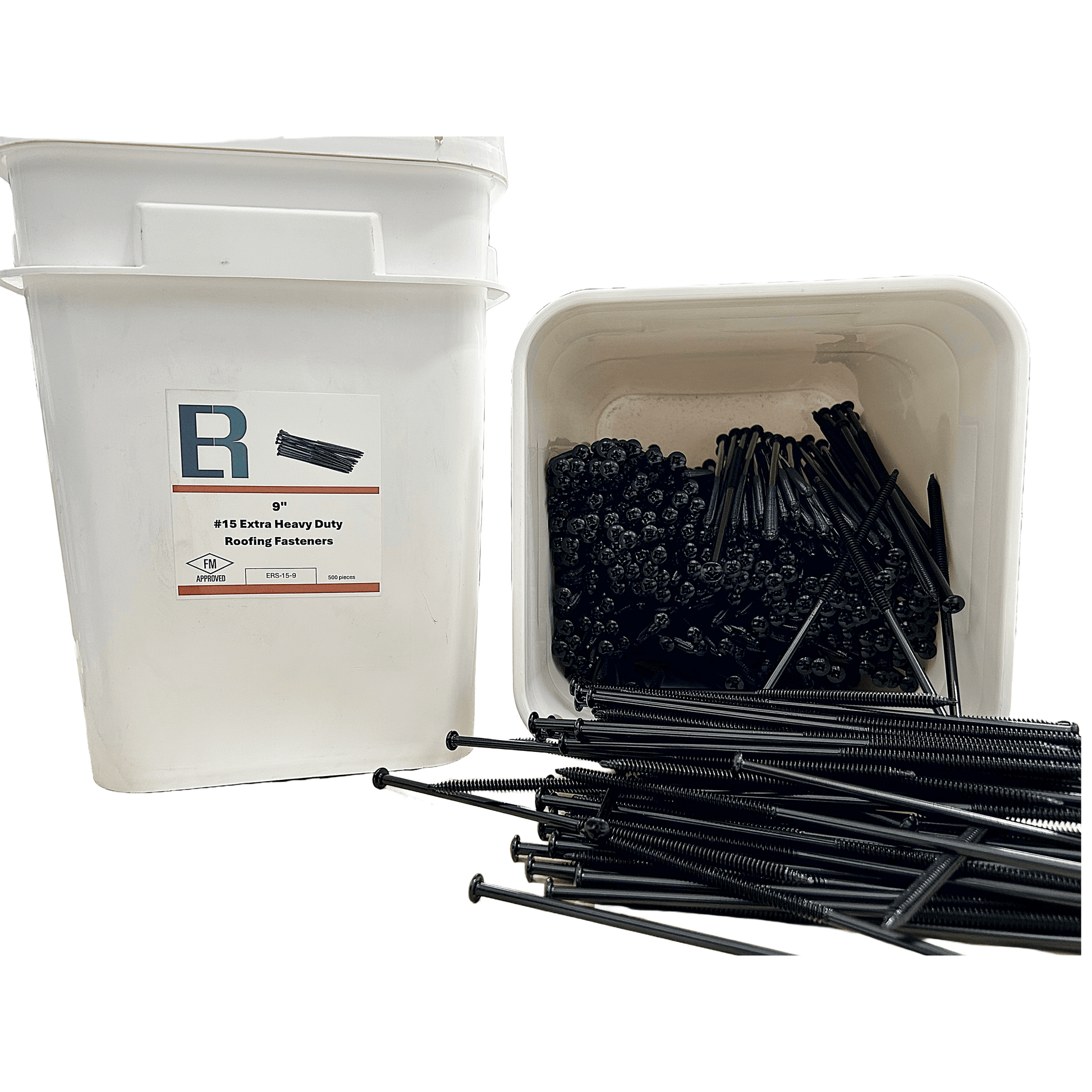 Bucket of Essential #15 Extra Heavy Duty Roofing Fasteners with FM Approval, showcasing durability and reliability for roofing projects.