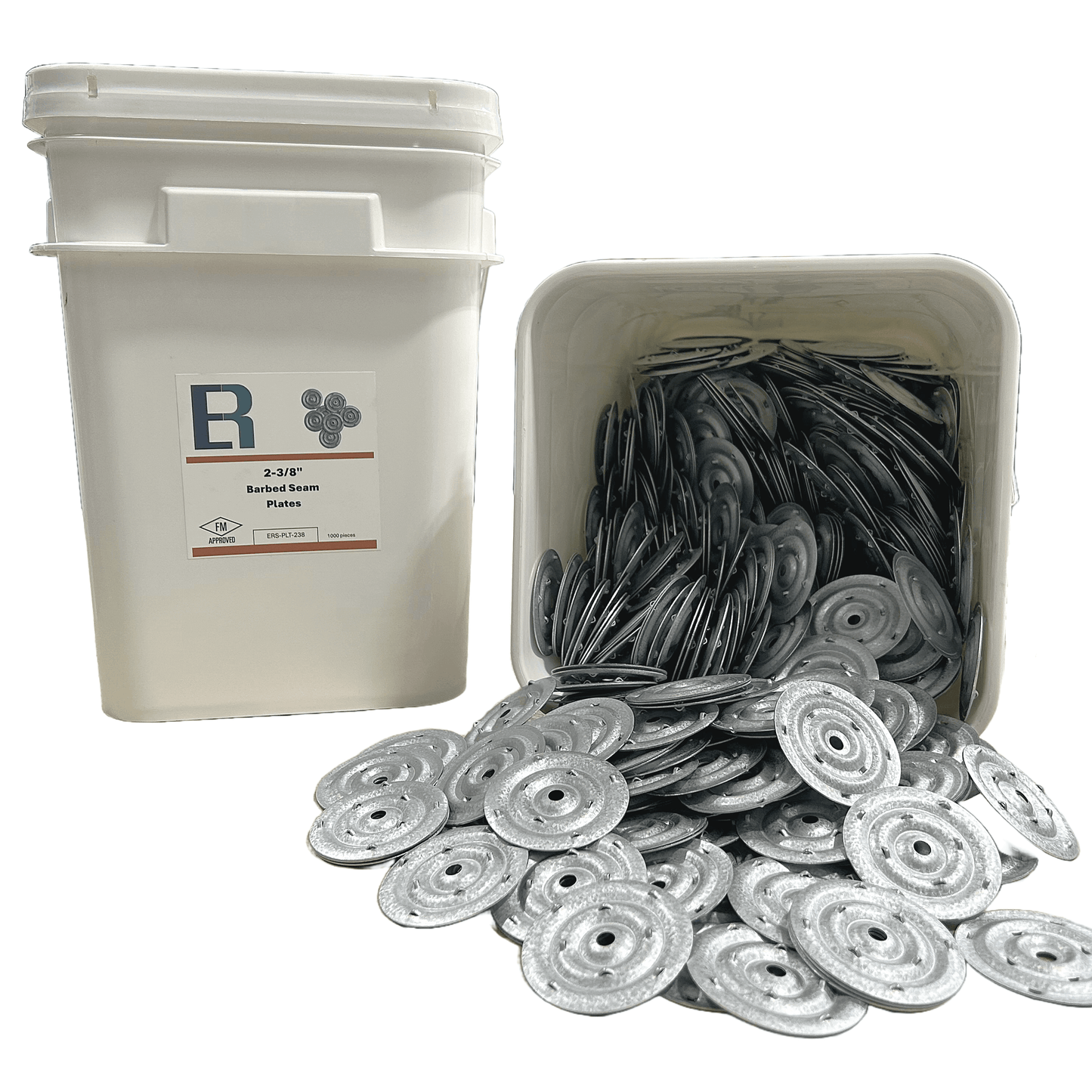 Bucket of 2-3/8" barbed metal seam plates, FM approved, spilling out showcasing packaging and metal construction.