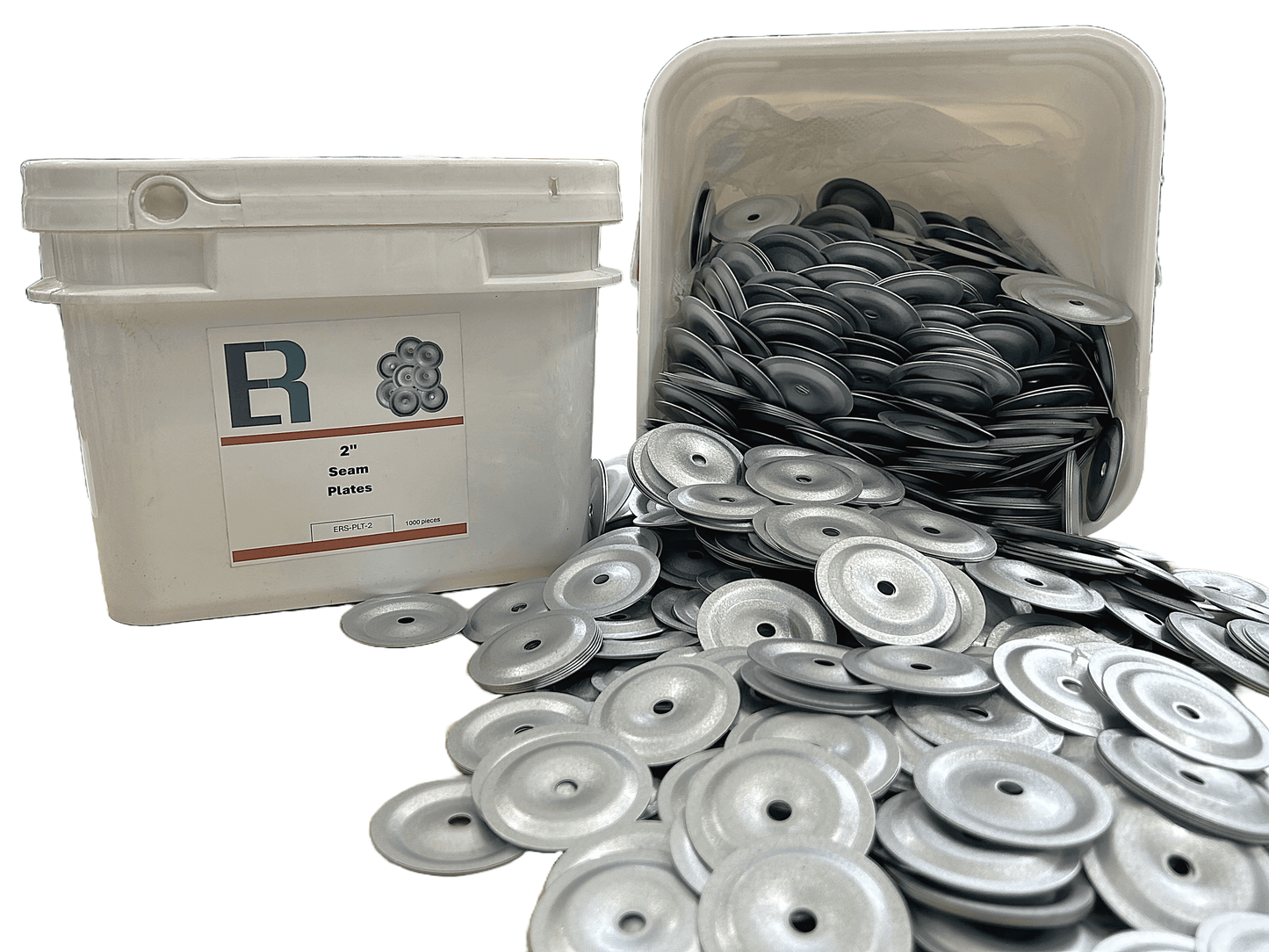 2" metal seam plates spilling from a container, showcasing durable non-barbed design, tested for corrosion resistance.