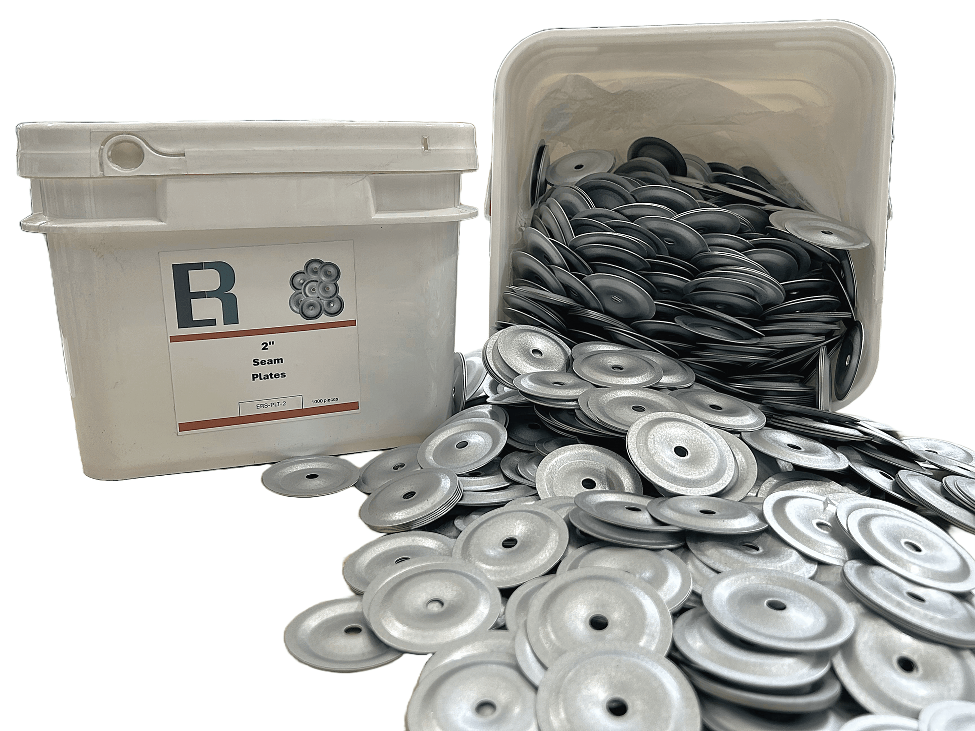 2" metal seam plates spilling from a container, showcasing durable non-barbed design, tested for corrosion resistance.
